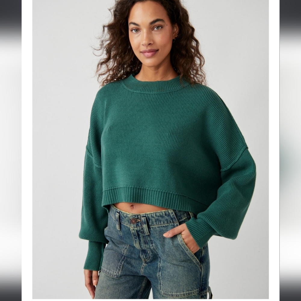 Free People Easy Street Crop Sweater Hunter Green Small - Picture 4 of 13
